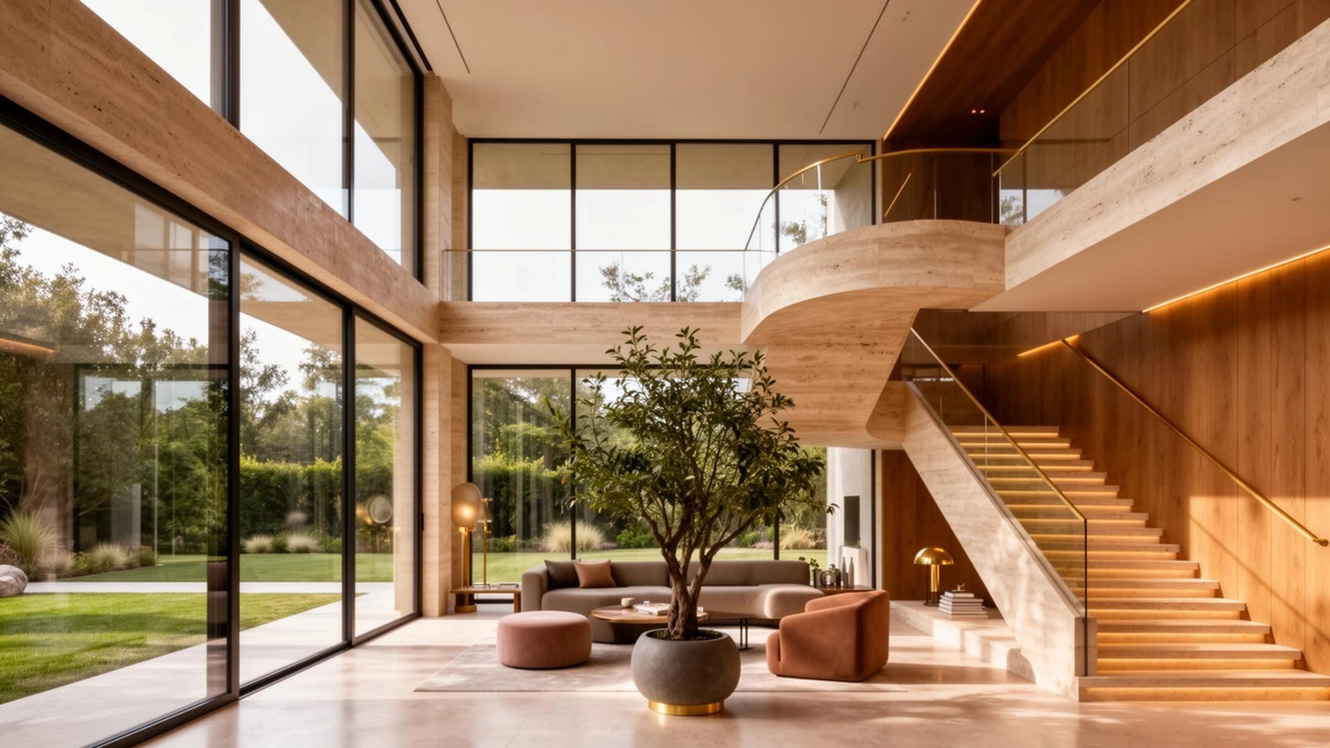 Double-height living interior with warm oak and travertine