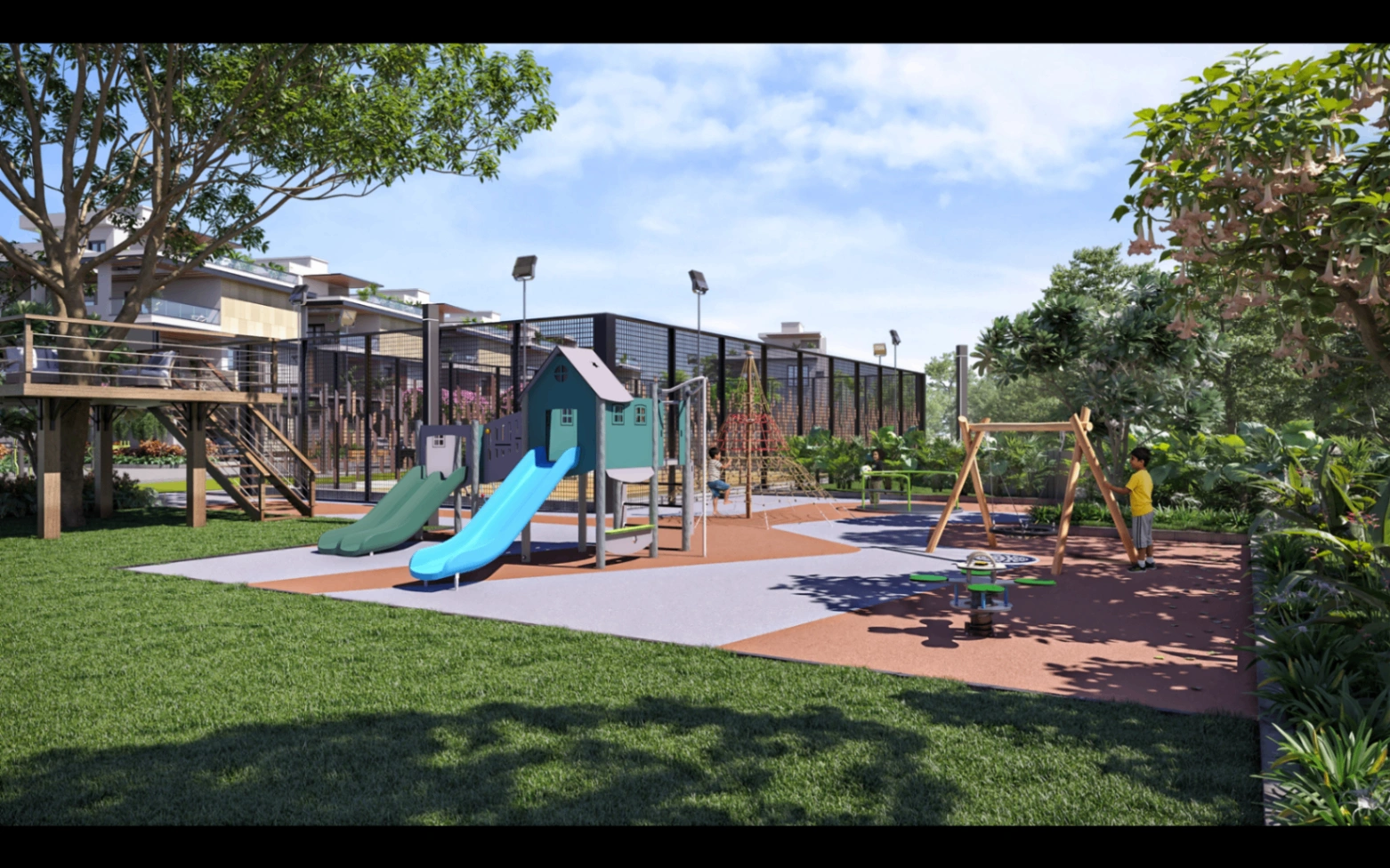 Children's play area with landscaped open space and courtside activity