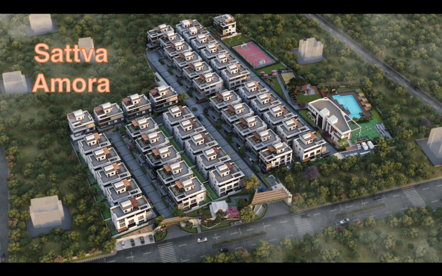 Day aerial masterplan render showing the full Sattva Amora villa layout