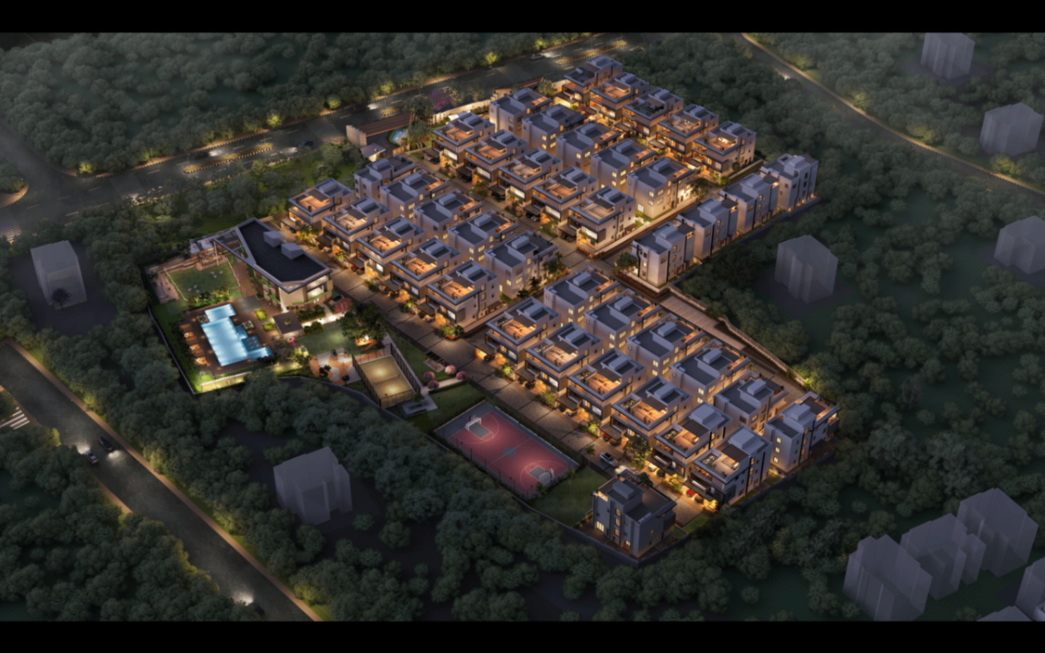 Night aerial render of Satva Amora gated villa community