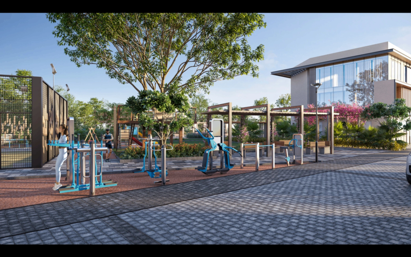 Outdoor gym and wellness garden inside the Sattva Amora community
