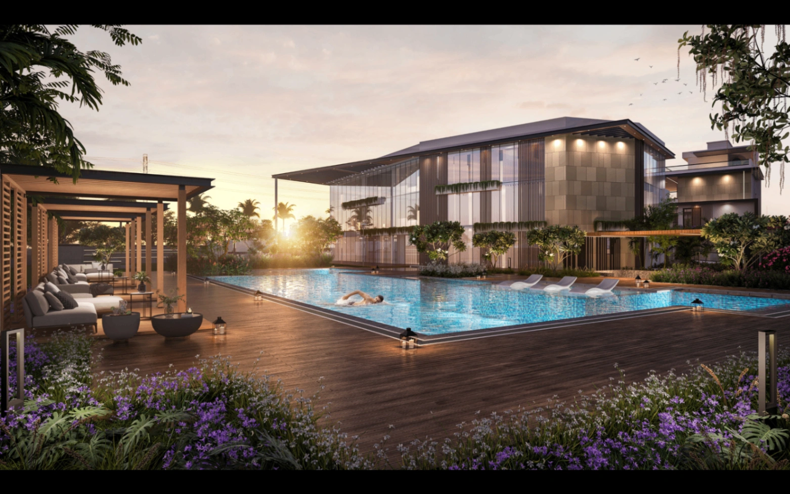 Resort-style pool deck and clubhouse leisure zone at Sattva Amora