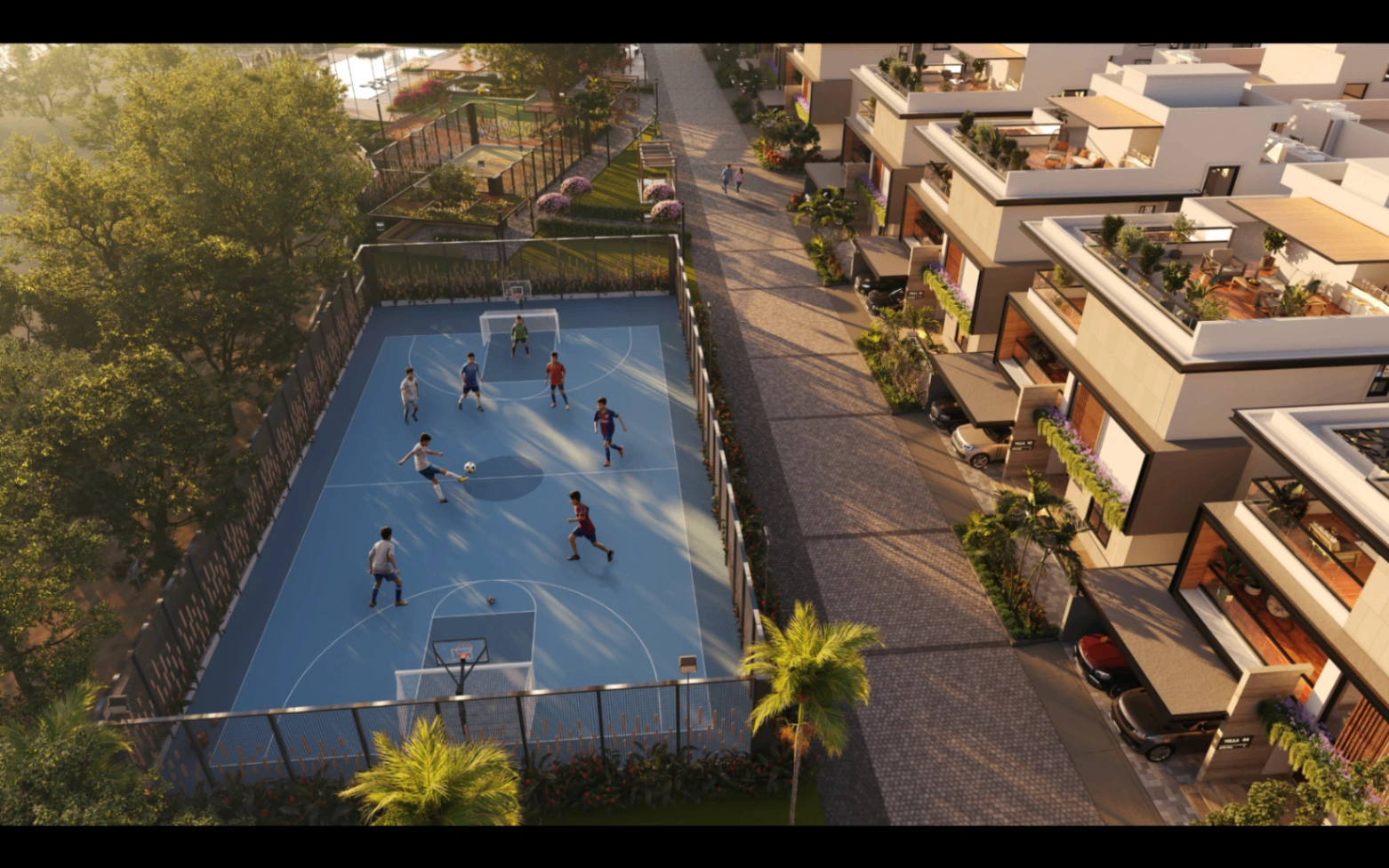 Aerial view of the sports court and villa boulevard