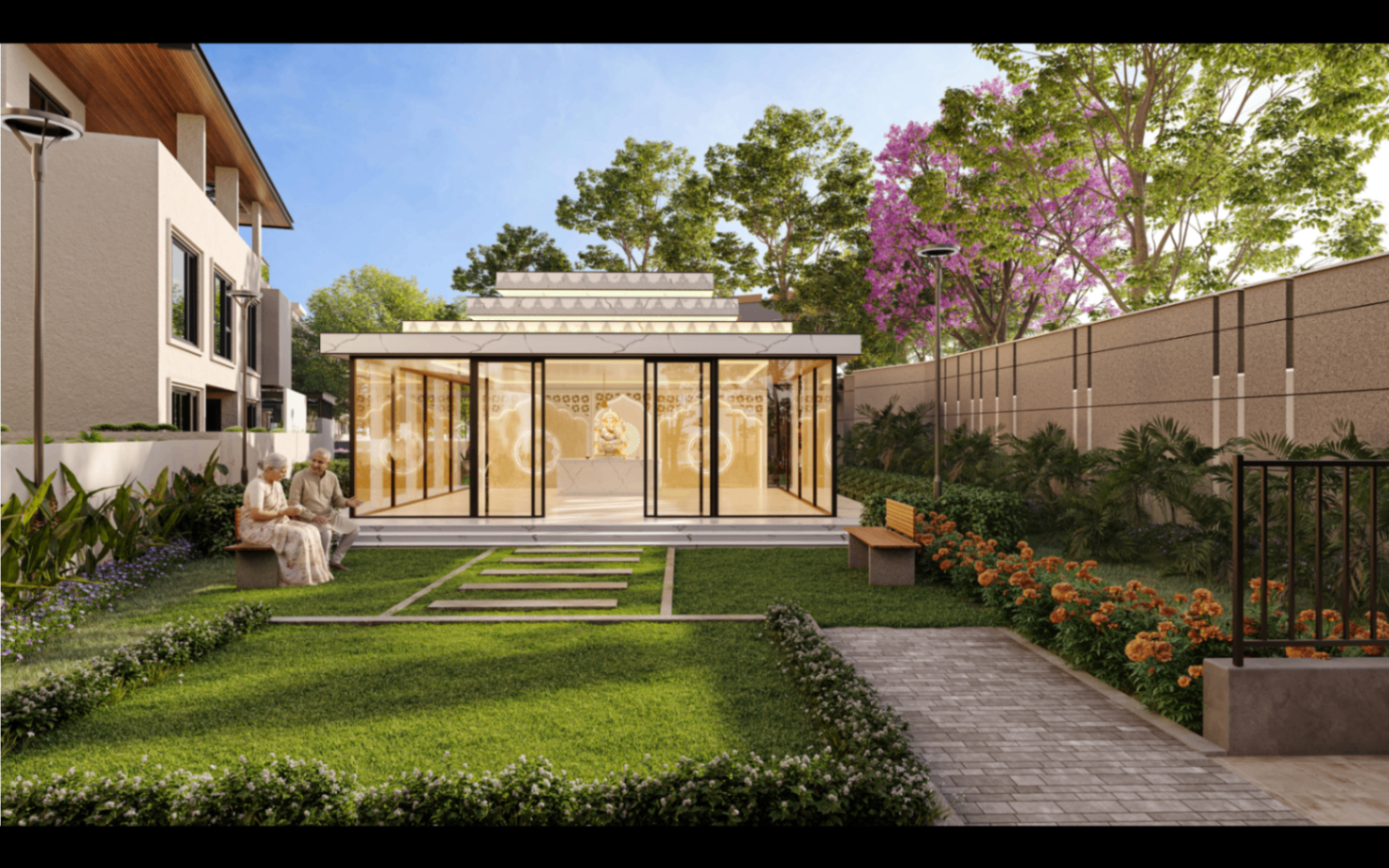 Meditation pavilion and landscaped garden space within the community