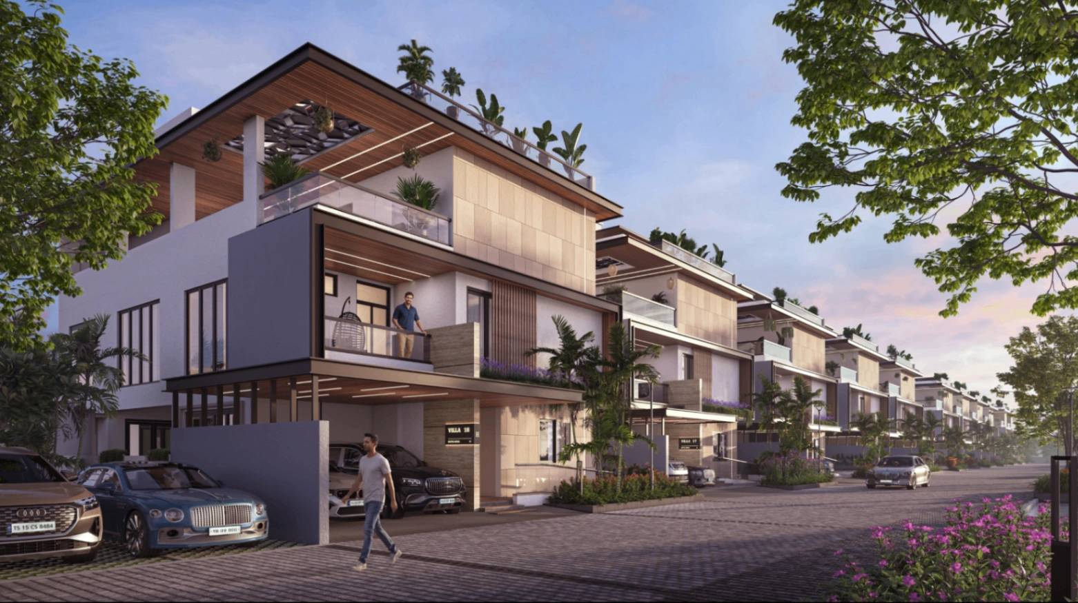 Villa street elevation showing Sattva Amora Villas architecture and upper terraces